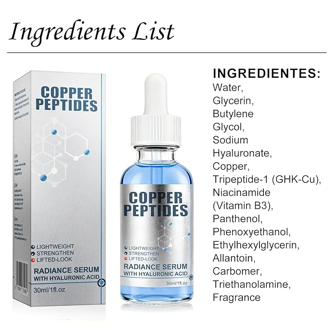 GHK-Cu Copper Peptide Facial Serum with Hyaluronic Acid, Lightweight Deep Hydration Face Serum, Smooth & Plumping Feel
