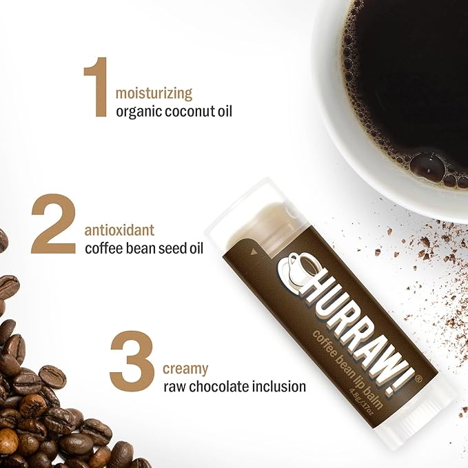 Hurraw! Coffee Bean Lip Balm: Organic, Certified Vegan, Cruelty and Gluten Free. Non-GMO, 100% Natural Ingredients. Bee, Shea, Soy and Palm Free. Made in USA