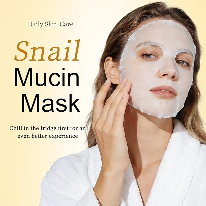 Snail Mucin Mask, Pack of 10 Snail Mucin Sheet Masks, Deep Hydrating Face Mask for All Skin Types, Moisturizing, Strengthen Skin Barrier, Relieve Dryness