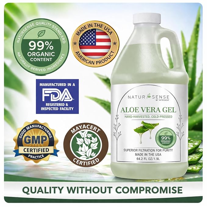 NTRSNS NaturSense 99% Organic Aloe Vera Gel 64.2 oz, Cold Pressed Pure Aloe for Face, Hair, Scalp, Sunburn, Dry Skin, Sensitive Skin, DIY Skincare, Unscented Refill Bottle. Made in USA