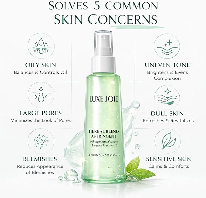 LuxeJoie Astringent Toner Spray – Witch Hazel & Willow Bark Facial Toner for Oily & Combination Skin – Botanical Pore Refining Toner Mist – Herbal Blend Astringent for Oil Control – 8 oz
