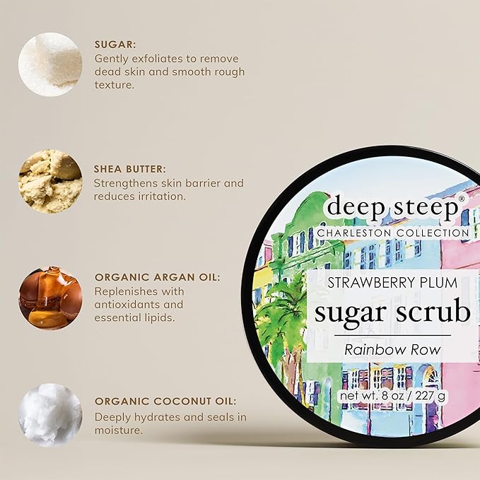 Deep Steep Sugar Scrub, Strawberry Plum (Rainbow Row), 8 oz – Exfoliating Body Scrub with Organic Coconut Oil, Shea Butter & Argan Oil – Vegan, Clean Beauty, Smooth, Soft & Nourished Skin