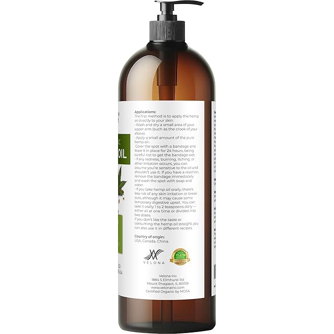 velona Hemp Seed Oil USDA Certified Organic - 32 Fl Oz | 100% Pure and Natural Carrier Oil | Unrefined, Cold Pressed | Hair, Body, Face & Skin Care