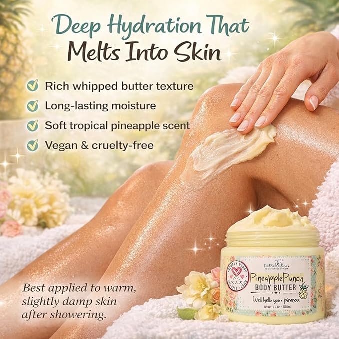 Bella & Bear Pineapple Whipped Body Butter – Vegan Moisturizing Body Cream for Women – Rich Hydrating Skin Butter – Light Tropical Pineapple Scent