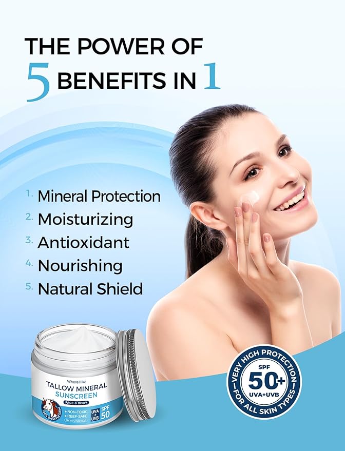 Stilip Organic Beef Tallow Sunscreen-SPF 50 with Zinc Oxide,Non-Toxic 2-in-1 Moisturizer & Mineral Sunblock | Reef Safe, Chemical-Free,Lightweight, Clean Formula for Sensitive Skin Natural Sunscreen.