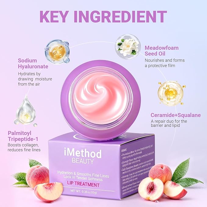 iMethod Lip Mask Overnight - Lip Sleeping Mask for Dry Lips, 8-Hour Hydrating Lip Balm with Hyaluronic Acid, Intense Moisturizing Lip Treatment to Nourish & Repair - Peach