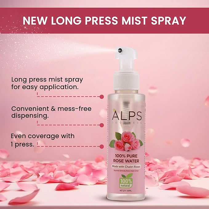 Alps Goodness 100% Pure Rose Water Facial Mist | Natural Face Toner & Hydrating Spray for Dry, Dull Skin | Refreshes, Soothes & Preps Skin | for All Skin Types | 3.38 Fl Oz (100ml)
