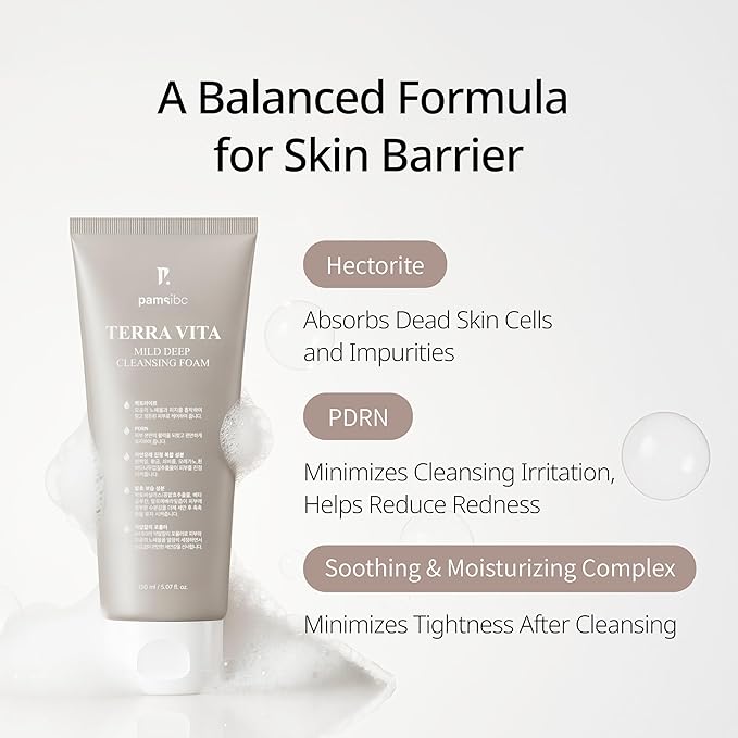 Terra Vita Mild Deep Cleansing Foam, Cleanses Without Stripping Sensitive Skin, PDRN & Hectorite 10,000ppm, Deep Pore Purifying, Developed with Korean Professional Estheticians | 5.07 fl. oz.