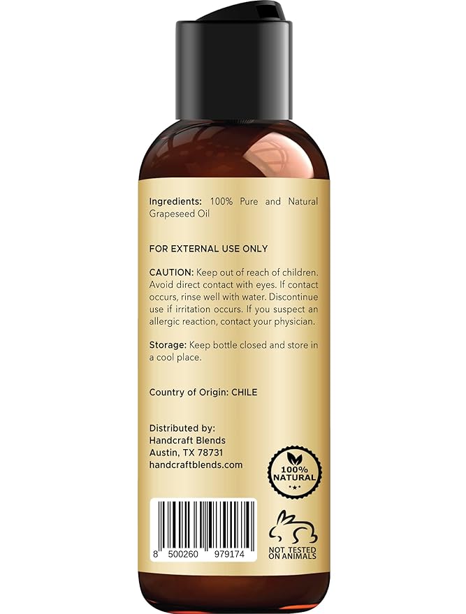 Handcraft Blends Grapeseed Oil - Cold-Pressed 4 Fl Oz - 100% Pure and Natural - Premium Grade Carrier Oil for Skin and Hair - Hair and Body - Massage - Hexane-Free