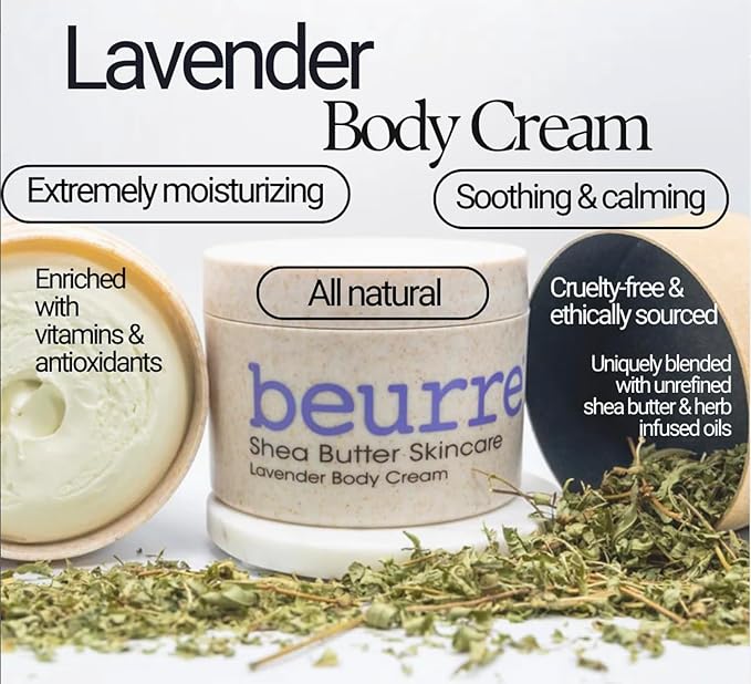 Beurre Shea Butter Body Cream – Whipped Hydrating Body Butter for Smooth, Nourished Skin – Rich Moisturizer with Lavender – Vegan, Plant-Based, Cruelty Free Skincare
