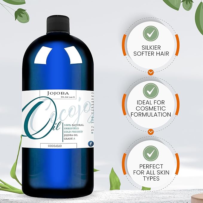 Dr Joe Lab Jojoba Oil 16 oz Pure Natural Cold Pressed Unrefined Extra Virgin - for Hair Skin Body Nail and Beard - Moisturizes, Soothes, Hydrates, & Nourishes