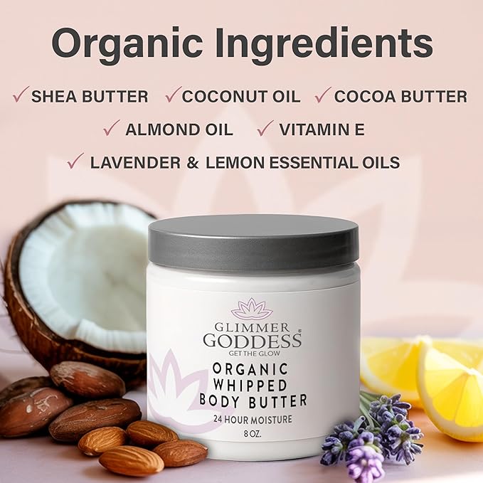 GLIMMER GODDESS Organic Whipped Body Butter for Women - Moisturizer Cream with Shea & Cocoa Butter, Almonds & Coconut Oil - Peach Belini, 8oz