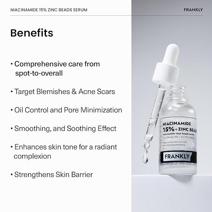 FRANKLY Niacinamide 15% + Zinc Bead Serum | High Dose Yet Gentle Skin Repair | Acne, Pore & Redness Control | Bead-to-Skin Delivery System for Fresh Niacinamide | Vegan Korean Skincare | 1.01 fl.oz