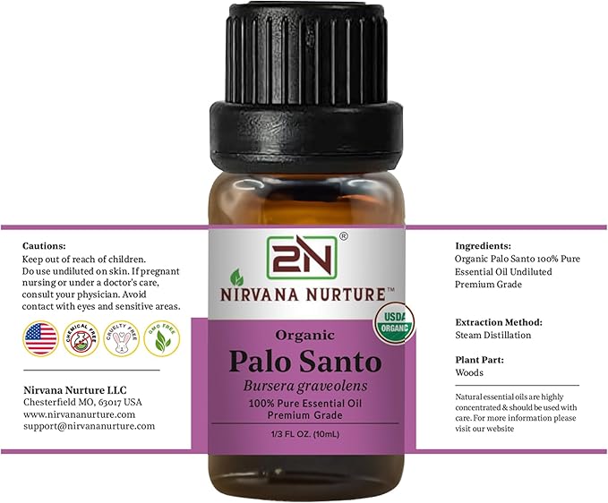 Palo Santo Essential Oil, USDA Certified Organic, 100% Pure Undiluted, Aromatherapy Oil for Diffuser, Hair & Skin Care