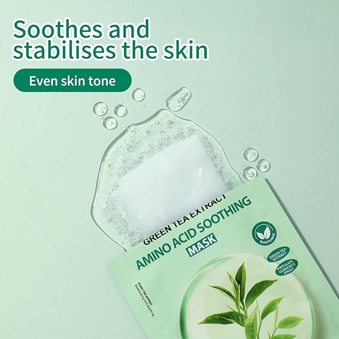 Face Masks Skincare, Pack of 5 Sheet Masks, Hydrating Facial Mask for All Skin Types, Deep Moisturizing, Balance Skin Water & Oil, Soothing, Green Tea
