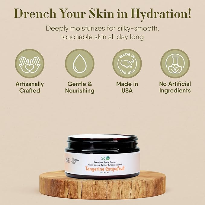 360Feel Tangerine Grapefruit Body Butter - Nourishing and Hydrating Shea Body Butter with a Gentle Formula - Handmade with Essential Oils - Creamy Formula - Zero Harsh Additives - 8 Ounce