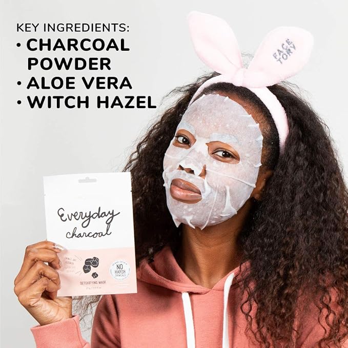 FACETORY K Beauty Face Mask Skin Care - Everyday CHARCOAL Detoxifying Sheet Mask | Plant-Based Charcoal Face Mask (10 Pack)