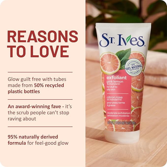 St. Ives Exfoliant Face Scrub 3-Pack – Skin-Brightening Pink Lemon & Mandarin for Glowing Skin, 6 Oz Ea