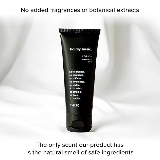 Boldly Basic Fragrance Free Lotion - Moisturizer for Dry and Sensitive Skin - Non Greasy - Unscented - Dermatologist Tested - No Sulfates, Parabens or Gluten - Hypoallergenic - Travel Size (2.5 oz)