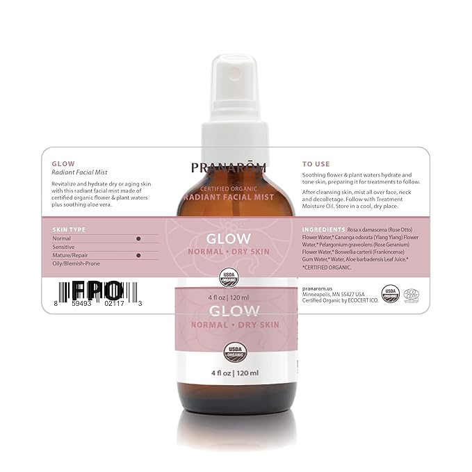 Pranarom Facial Mist (4oz / 120ml) - 100% Pure & Natural Essential Oil Facial Mist for Dry Skin Hydration & Toning (Glow (Dry Skin))
