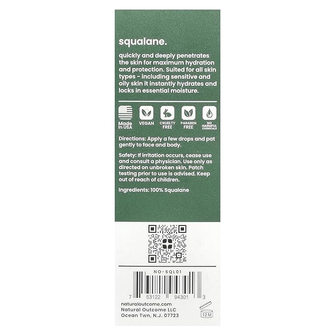 natural outcome Pure Squalane Oil l 100% Plant Derived Squalane Oil for Face, Body, Hair & Lips I Weightless Moisturizing Oil Firms Skin, Reduces Fine Lines & Enhances Skin Elasticity I 1 oz