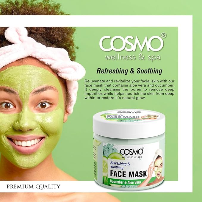Cosmo Skin Care Cucumber & Aloe Vera Face Mask 625g/22.0oz, Refreshing, Soothing, Skin Rejuvenate, Pore Clearing, Boost Collagen, Skin Treatment Mask, All Skin Types, For Men & Women, Face Wash