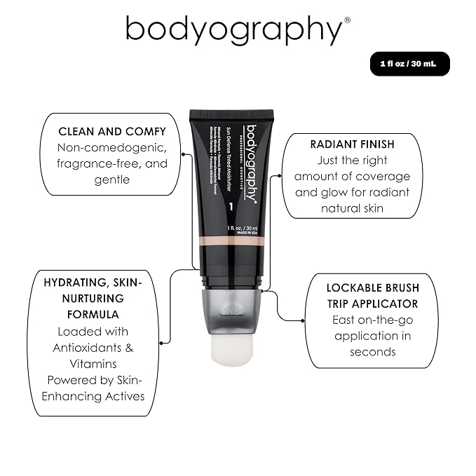 Bodyography Sun Defense Tinted Moisturizer, 1.5 oz | Lightweight SPF Tint with Hyaluronic Acid & Mineral Pigments | Hydrating, Vegan Sheer Coverage for All Skin Types, Medium