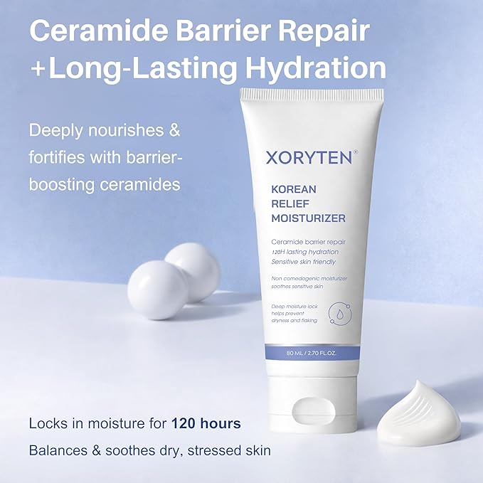 Korean Relief Moisturizer with Ceramides – 120H Lasting Hydration with Ceramide Capsules – Barrier Repair for Dry & Sensitive Skin, Non-Comedogenic – 80 mL / 2.70 fl oz (Unscented)