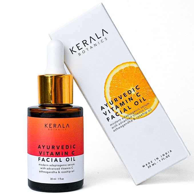 Ayurvedic Vitamin C Face Oil with Rosehip Oil, Bakuchiol, Ashwagandha, and Squalane, Hydrating, Brightening, and Repairing Serum for Dark Spots, Fine Lines, and Wrinkles, Clean Luxury Skincare