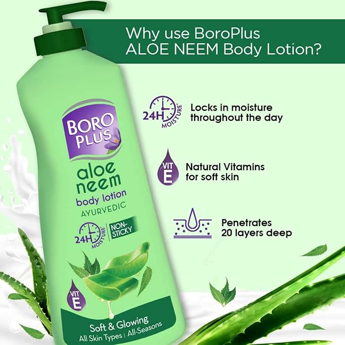 BOROPLUS Aloe Neem Body Lotion | Ultra-Hydrating, Non-Greasy Moisturizer for Very Dry Skin | 24-Hour Deep Nourishment with Aloe Vera & Neem | Fast-Absorbing Body & Hand Lotion | 13.53 Fl Oz (400ml)