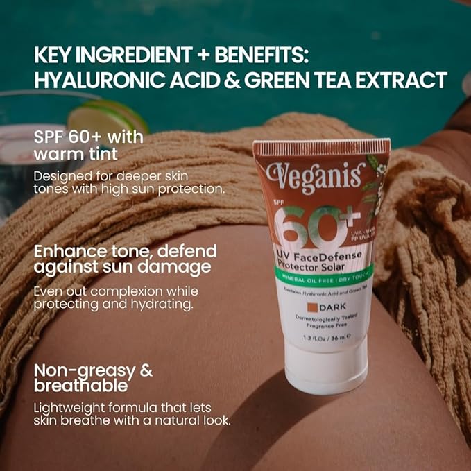 Sunscreen SPF 60 Dark Tone – Hyaluronic Acid & Green Tea – Tinted Face Sunscreen for Daily Use – Broad-Spectrum UVA/UVB & Blue-Light Protection – Hydrating Dry-Touch Vegan Formula