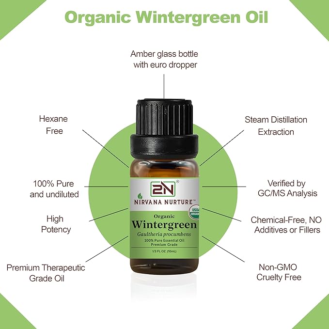Wintergreen Essential Oil, USDA Certified Organic, 100% Pure Undiluted, Aromatherapy Oil for Diffuser, Hair & Skin Care