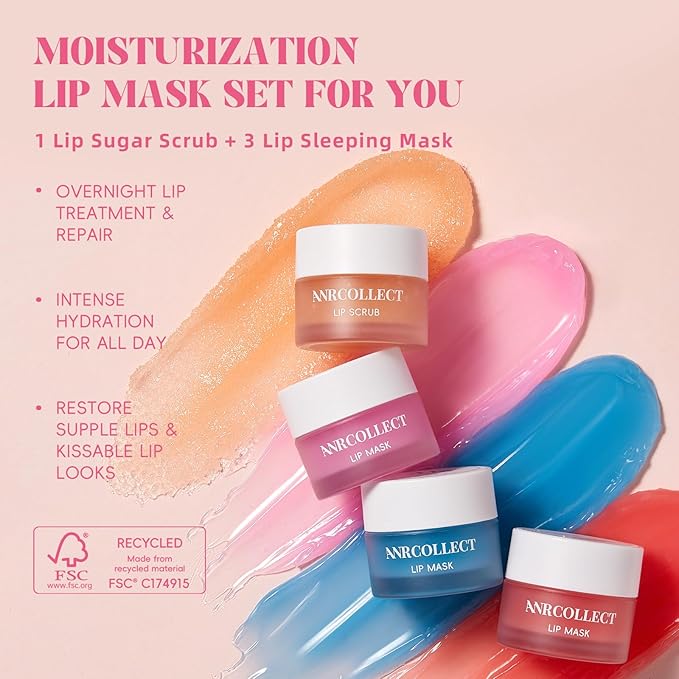 ANRCOLLECT Lip Care Set - Exfoliating Scrub + 3 Overnight Masks for Soft, Hydrated Lips, 4-Pack Gift Set