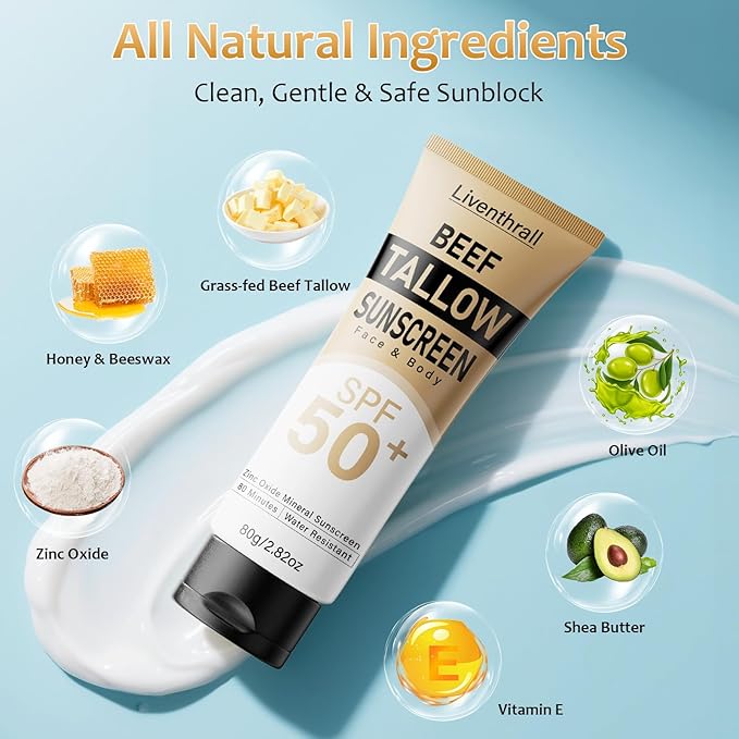Mineral Sunscreen with Non-Toxic Zinc Oxide SPF 50, Organic Natural Beef Tallow Sunblock with Honey Beeswax, Non Greasy Formula for Face, Body and Skin - Women and Men, 2.82 oz (80g)