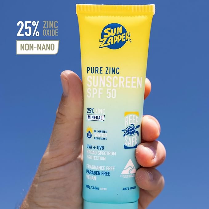 Sun Zapper Pure Zinc Sunscreen SPF 50 – Organic Mineral Sunscreen for Face and Body, 25% Non-Nano Zinc Oxide, Reef Safe, Water Resistant, Broad Spectrum, Vegan, 100g (3.5 oz) Tube, Australian Made