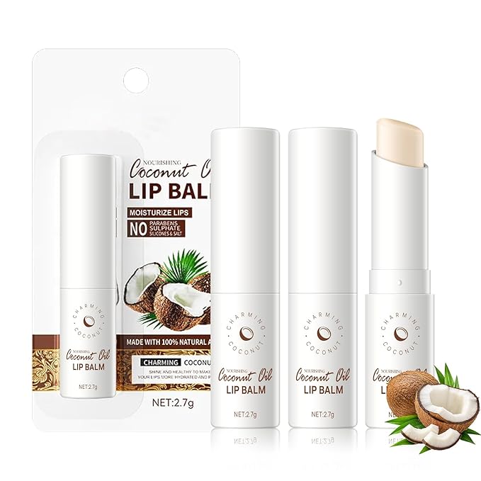 KYDA 3 Pcs Coconut Lip Balm, Deep Hydrating Lip Balm, Daily Lip Moisturizer for Dry Cracked Lips, All-Day Skin Moisturizer with Cocoa Butter Formula, Vegan Skin Care