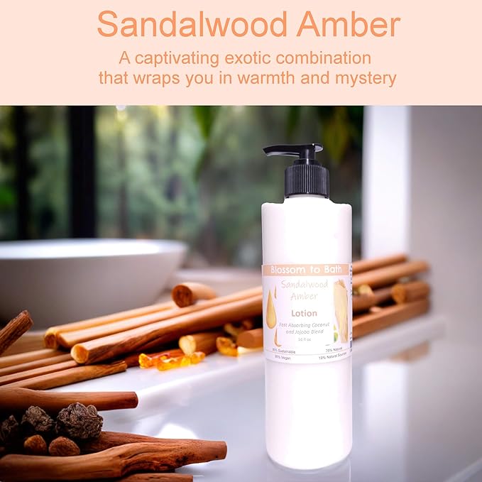 Blossom to Bath Sandalwood Amber Lotion (16 ounce) - Phthalate Free Fragrance - Absorbs Quickly with a Woodsy Warm Scent