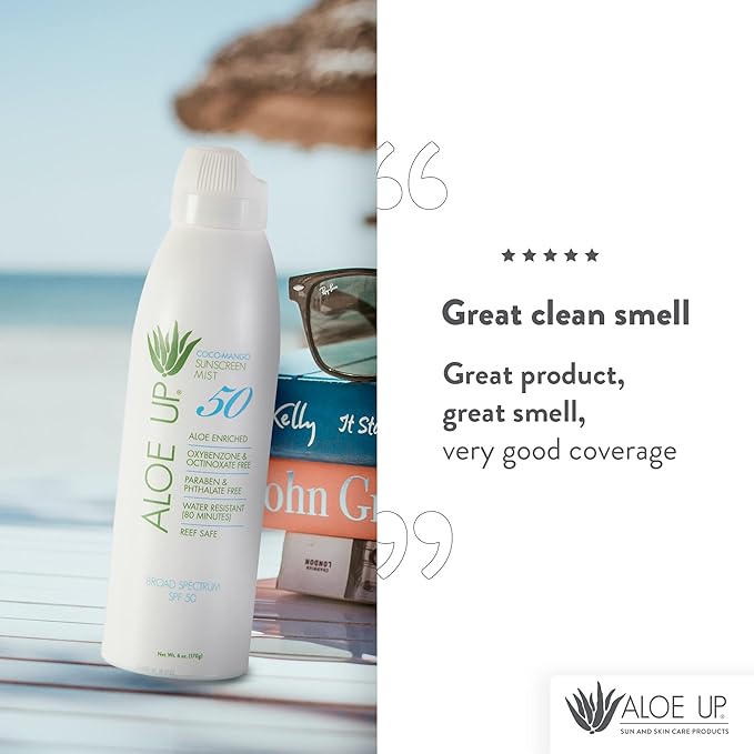 Aloe Up White Collection SPF 50 Sunscreen Spray Mist for Face & Body with Aloe Vera Gel, Water Resistant up to 80 Minutes, Reef Friendly, Non Greasy, Fast Absorbing, Coco Mango 5.5 oz