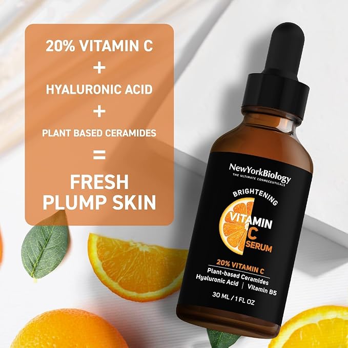 New York Biology Vitamin C Serum for Face with Hyaluronic Acid and 20% Vitamin C - 1 Fl oz – Moisturizing Anti Aging Face Serum for Dark Spots, Dark Circles, Fine Lines and Wrinkles