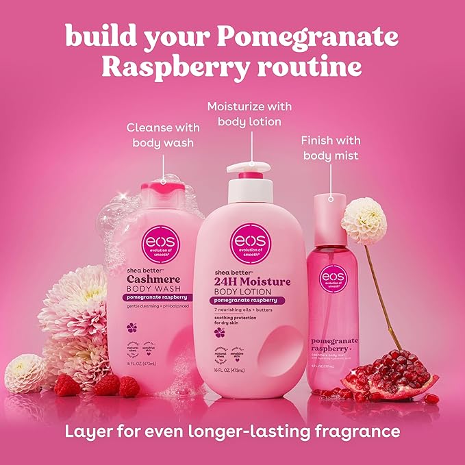 eos Shea Better Body Lotion Pomegranate Raspberry, 24-Hour Moisture Skin Care, Lightweight & Non-Greasy, Natural Shea, Vegan, 16 fl oz
