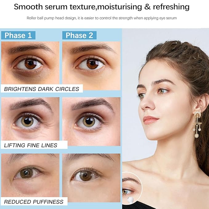 5% Caffeine Eye Serum, Anti-Aging Under Eye Roller Cream for Dark Circles Puffiness Wrinkles and Fine Lines, Korean EyeCare Cream with 360°Massage Ball, EyeBags Treatment for Men and Women