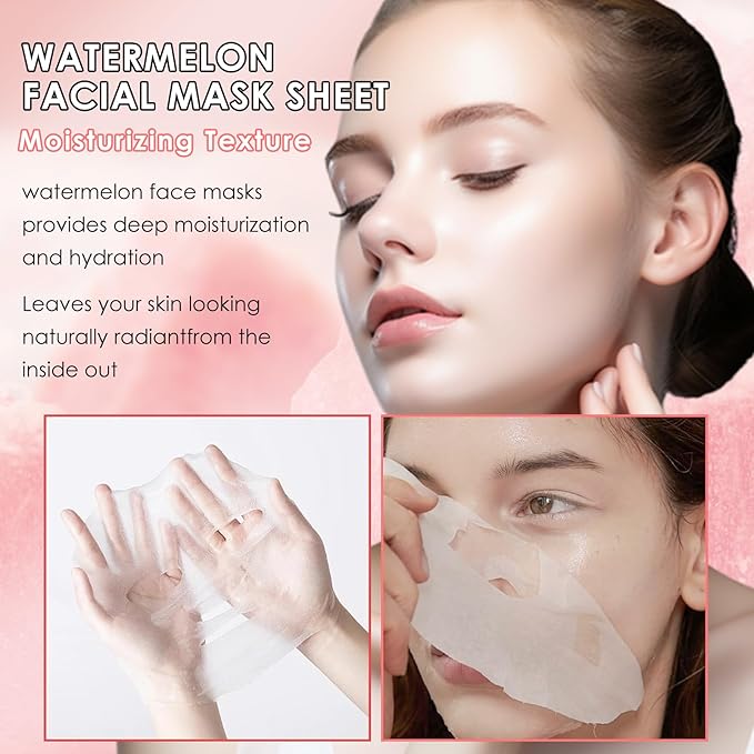 Hydrating Facial Masks Skincare for Women,Watermelon Face Mask Sheet Skincare,Moisturizing Face Mask for All Skin Types (10-Packs)