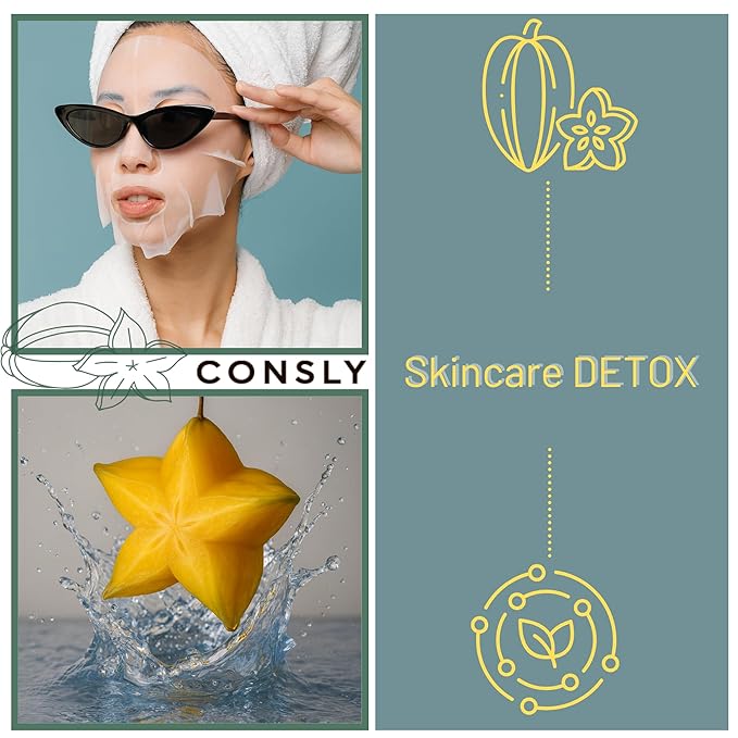 CONSLY_Carambola Detox Mask 10 Pack | Hydrating Korean Sheet Masks with Star Fruit Extract | Refreshing Self-Care for Healthy-Looking Skin | All Skin Types | 20ml Each