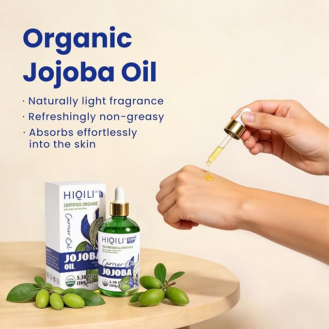 HIQILI 100ML Jojoba Oil Organic for Hair Growth,100% Pure Cold Pressed Unrefined, Included Roller Bottle for Massage - 3.38 Fl Oz
