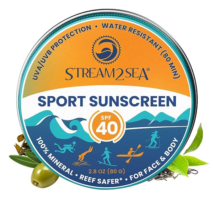 STREAM2SEA SPF40 Unscented Mineral Sport Sunscreen in Tin with EcoSafe Zinc for Face & Body, Natural Organic Biodegradable Coral Reef Safe Sunscreen, Travel Size, Mineral Based, 2.8 oz