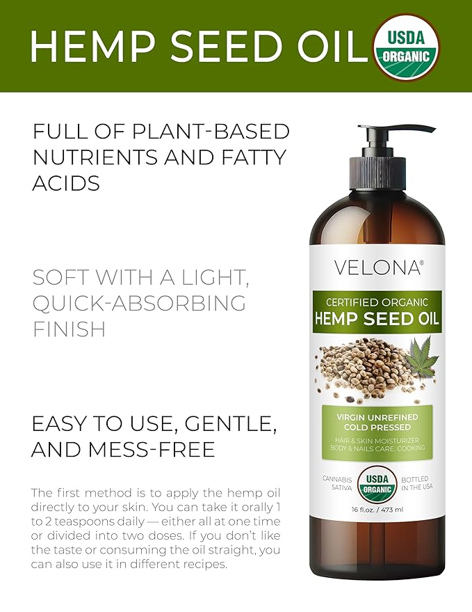 velona Hemp Seed Oil USDA Certified Organic - 32 Fl Oz | 100% Pure and Natural Carrier Oil | Unrefined, Cold Pressed | Hair, Body, Face & Skin Care