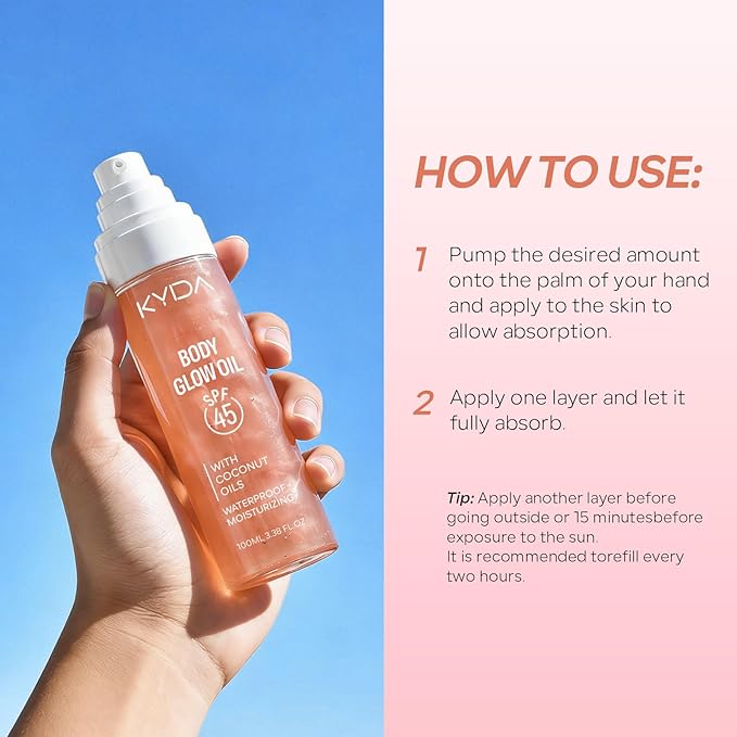 KYDA Travel Size Sunscreen,SPF 45 Sunscreen Spf Body Oil with Gold Mica, Sun-kissed Glow Skin Illuminator, Moisturizing Coconuts Summer Sunscreen, Water Resistant,3.38 fl oz, ROSE