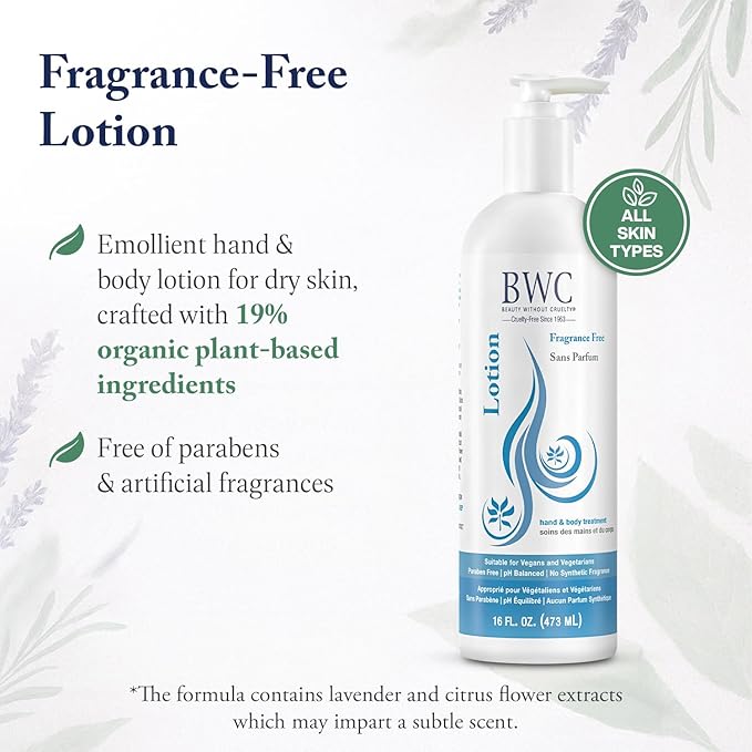 Beauty Without Cruelty Lotion, Fragrance-Free – Hand & Body Treatment with Vitamin C, Vitamin E, and Vitamin B5 (Panthenol), Vegan-Friendly & Cruelty-Free, 16 Oz