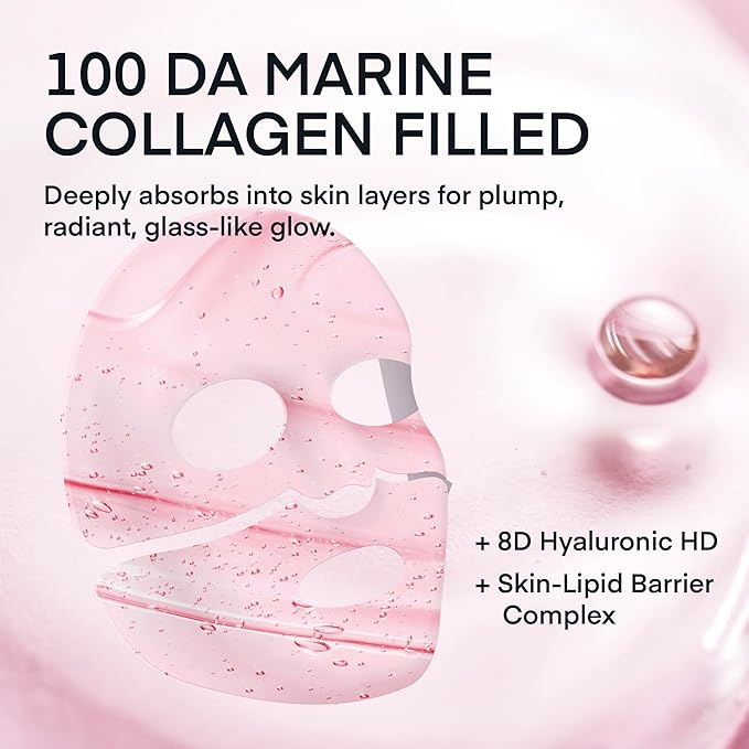 TEREZ & HONOR Real Deep Bio Collagen Face Mask - 8 x 33g Korean Hydrogel Overnight Masks for Deep Hydration, Glowing, Pore Minimizing, Elasticity, Fragrance-Free, 100 Da Ultra-Low Molecular Collagen