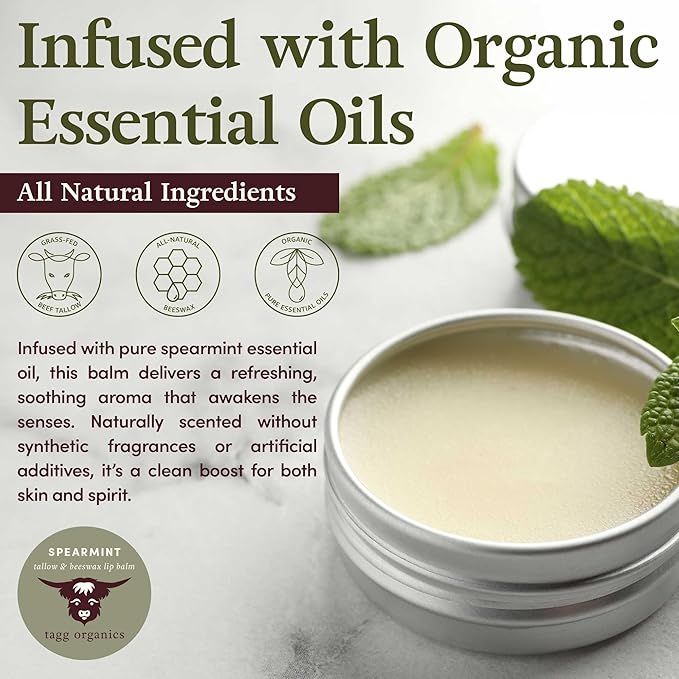 Spearmint Moisturizing Tallow Lip Balm – Nourishing & Soothing with Organic Grass-Fed & Finished Tallow, 100% All Natural Beeswax & Essential Oils for Soft, Hydrated Lips, 0.5 oz., by Tagg Organics.